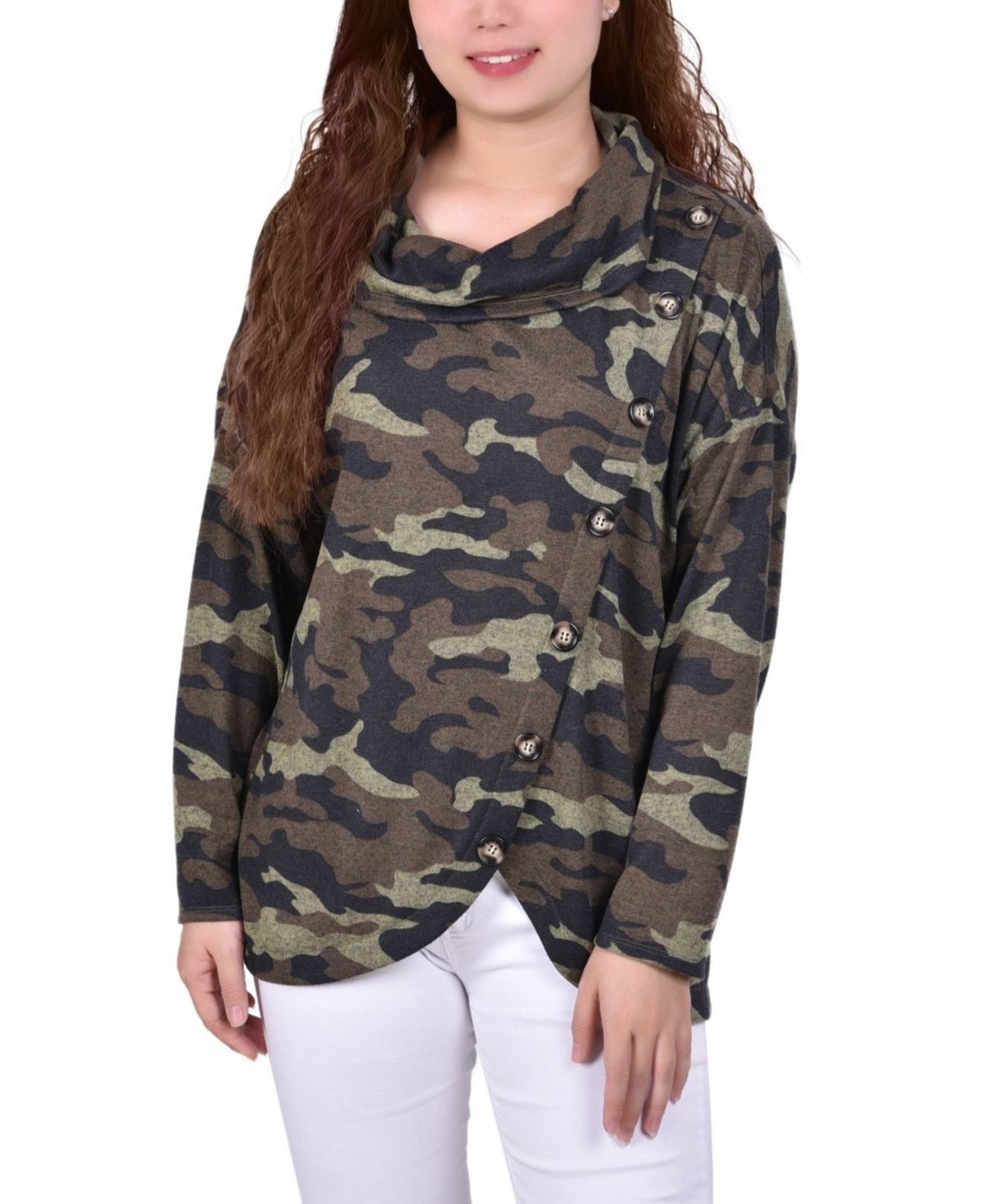 Ny Collection Women's Long Sleeve Knit Cowl Neck With Crossover Styling Top In Green Camouflage