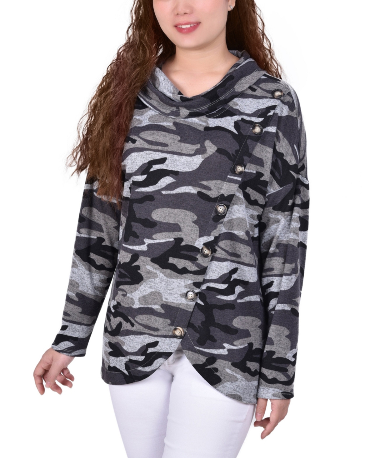 Ny Collection Women's Long Sleeve Knit Cowl Neck With Crossover Styling Top In Gray Camouflage