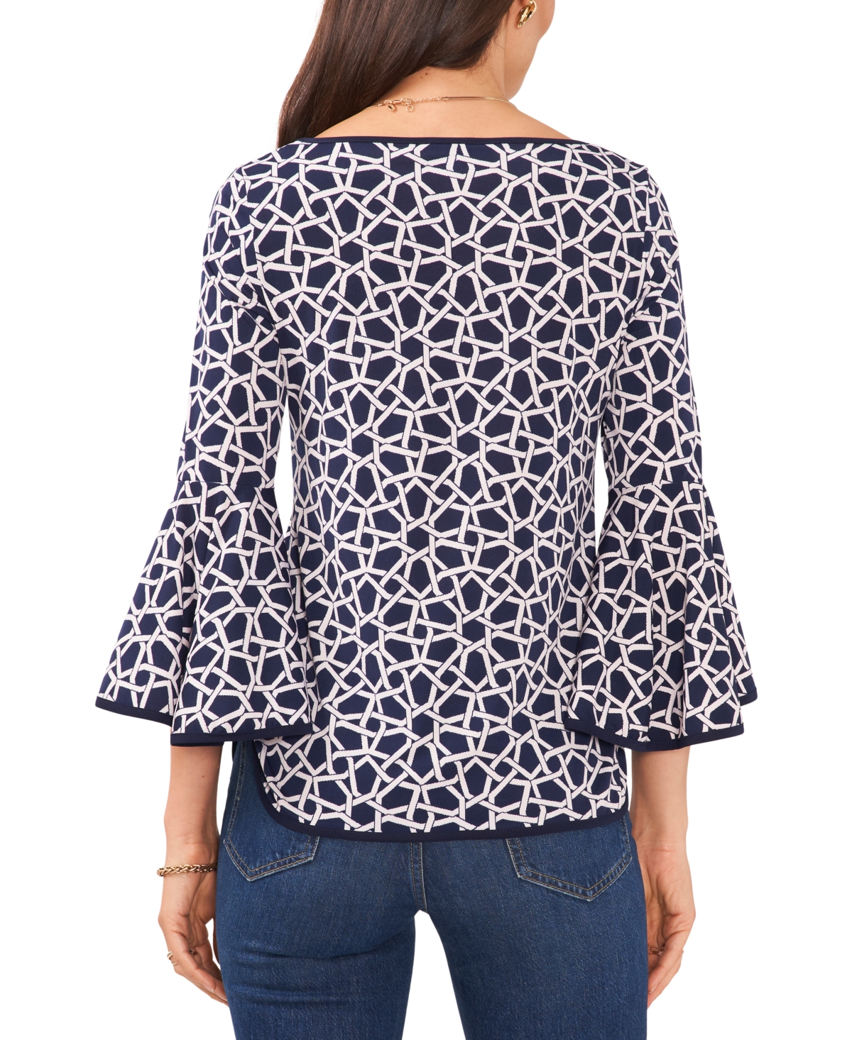Shop Sam & Jess Petite Floral-print Bell-sleeve Piped Top In Black,white Geo