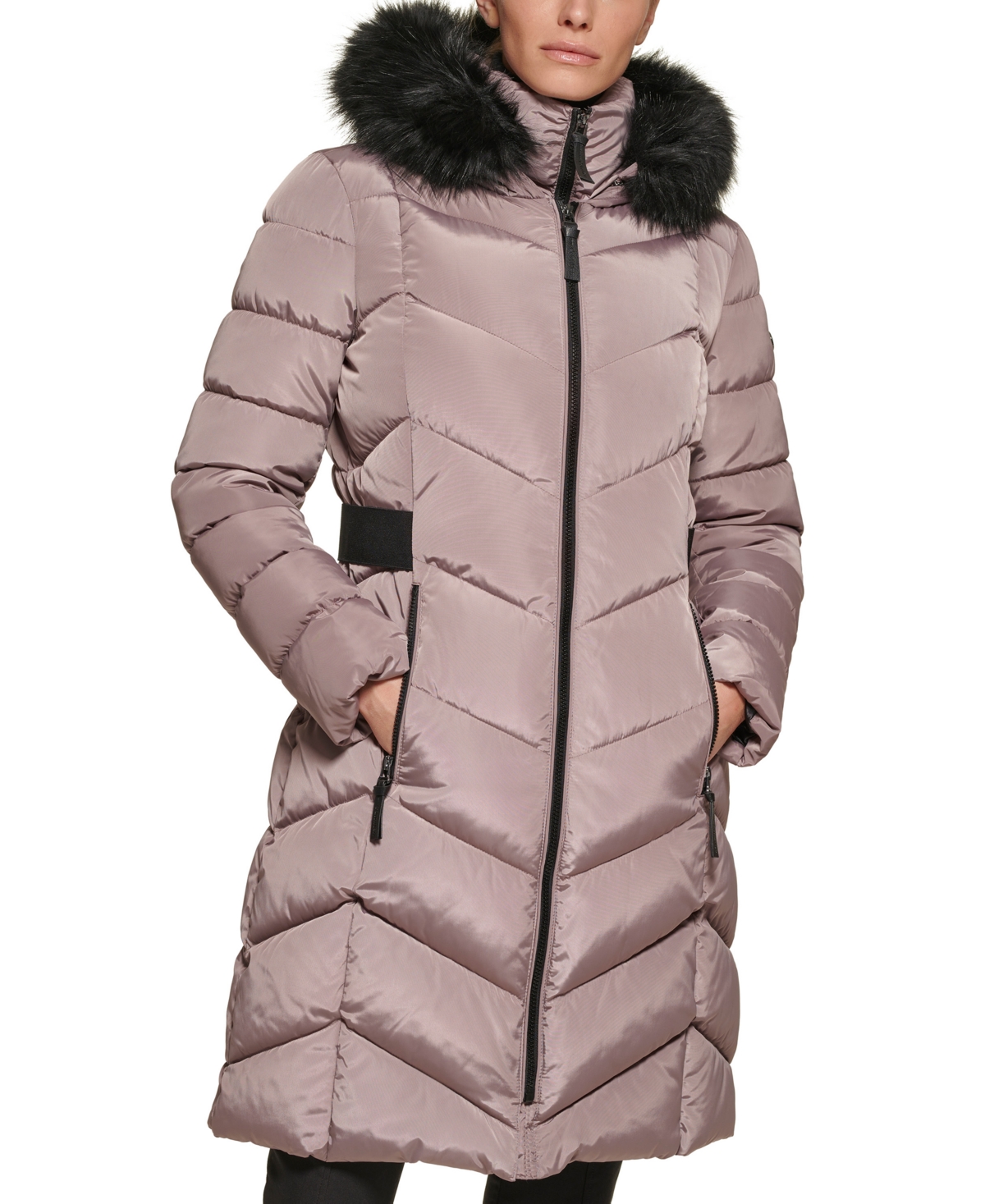 CALVIN KLEIN PETITE BELTED FAUX-FUR-TRIM HOODED PUFFER COAT, CREATED FOR MACY'S