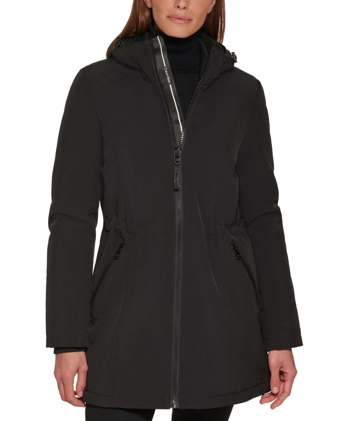 Calvin Klein Women's Petite Hooded Faux-fur-lined Anorak Raincoat In Black  | ModeSens