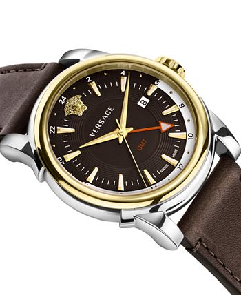 Versace Men's Swiss GMT Vintage Brown Leather Strap Watch 42mm