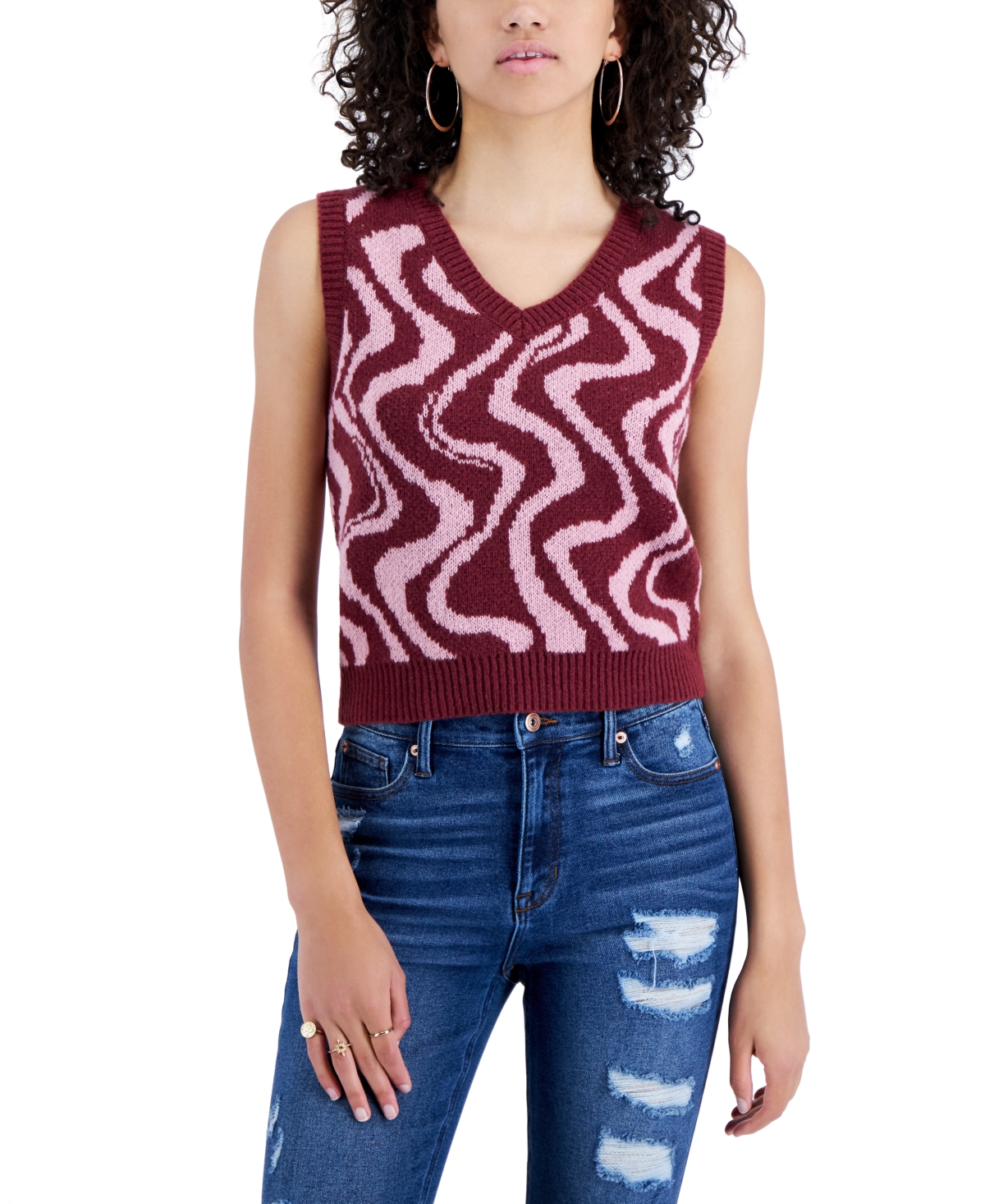 Crave Fame Juniors' Retro Printed V-neck Sweater Vest