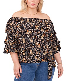 Plus Size Printed Off-The-Shoulder Balloon-Sleeve Blouse