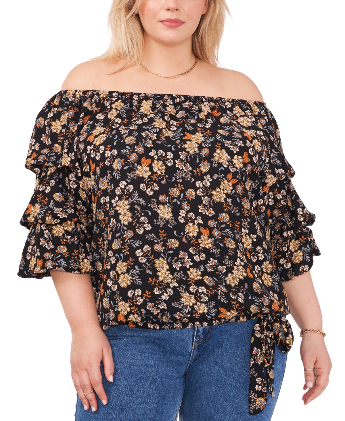 Vince Camuto Plus Size Printed Off-The-Shoulder Balloon-Sleeve Blouse