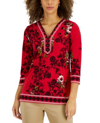 JM Collection Women's Floral Rhinestone-Trim Tunic, Created for Macy's ...