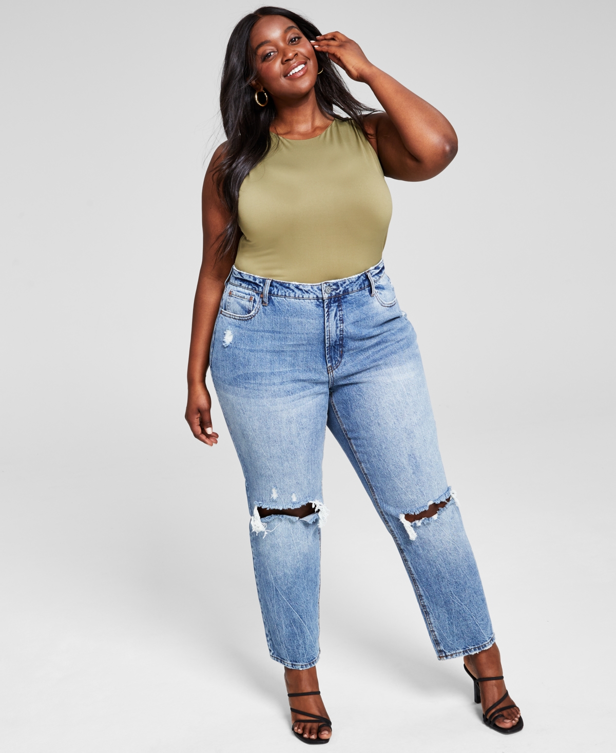 And Now This Trendy Plus Size Cotton Ultra High Rise Ripped Jeans