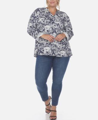 Plus Size Pleated Long Sleeve Floral Print Blouse