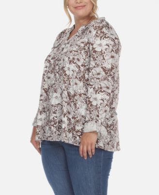 Plus Size Pleated Long Sleeve Floral Print Blouse