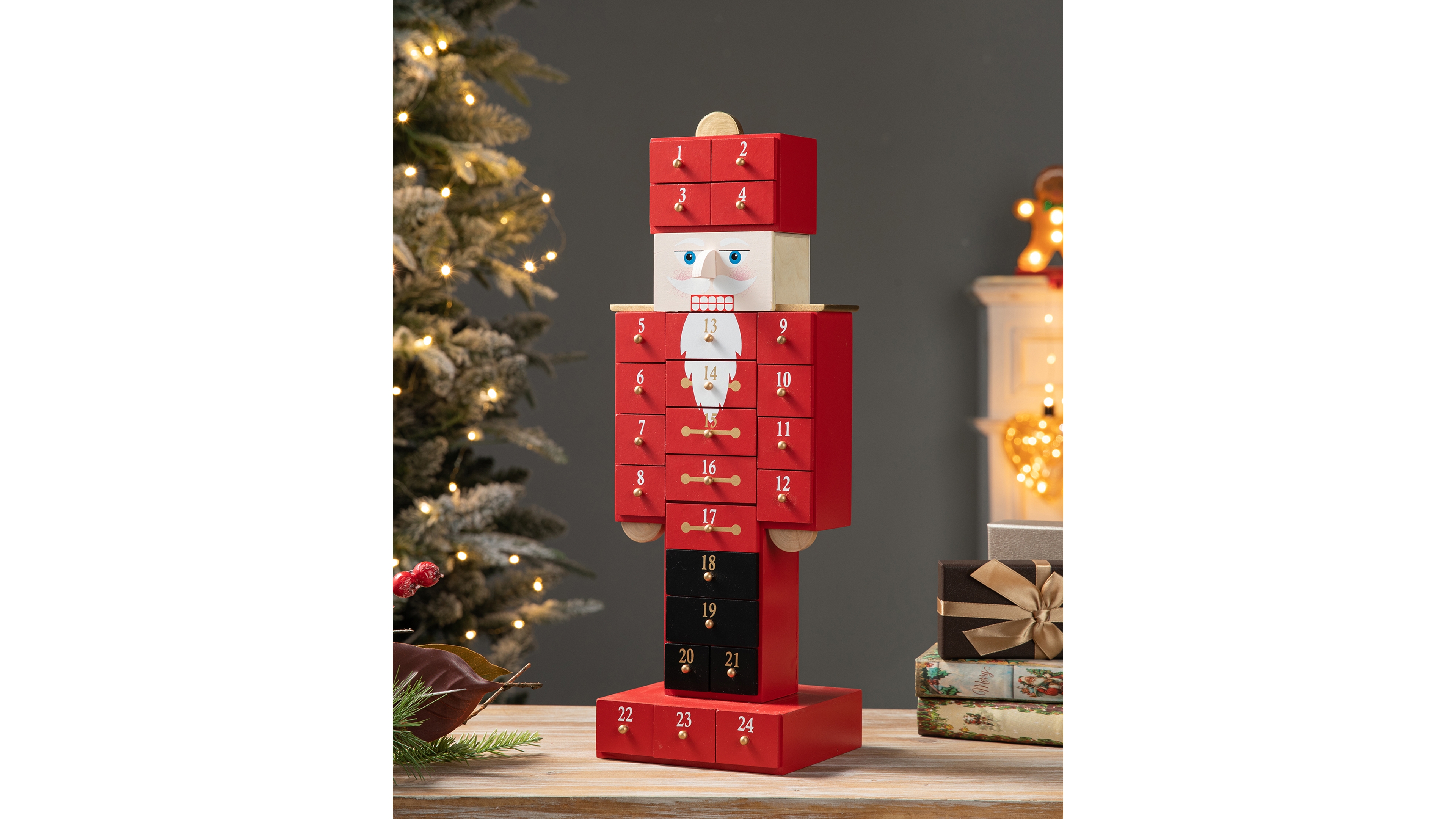 Glitzhome 17.25" Wooden Christmas Nutcracker Countdown Calendar Decor and Drawer