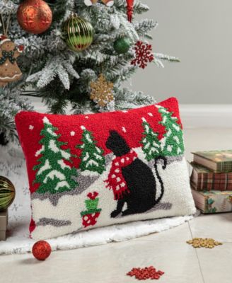 Hooked Christmas Cat Pillow, 18" x 12"