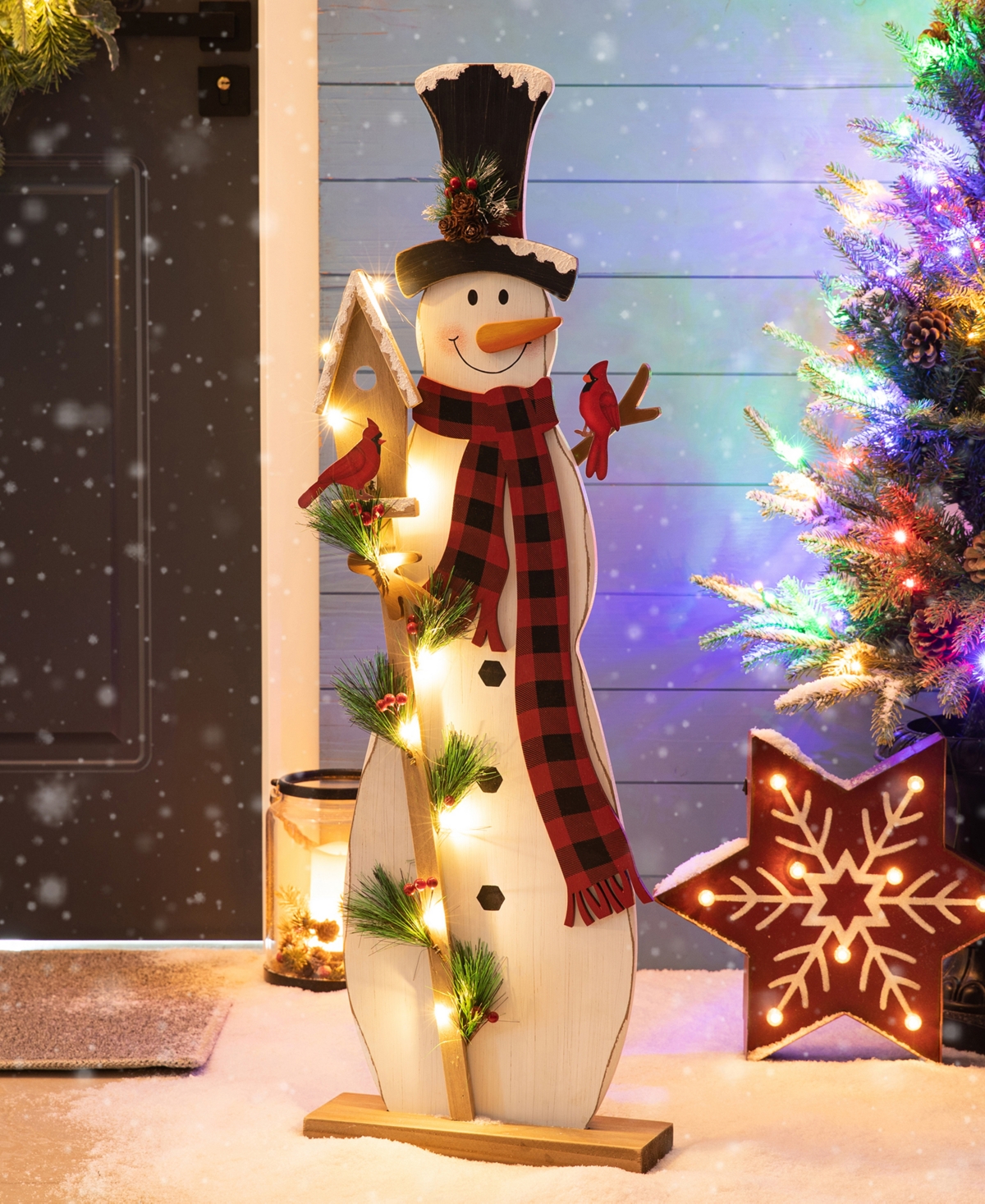 36" Lighted Wooden Snowman Porch Decor - Multi