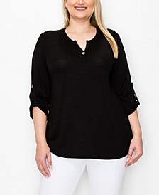 Plus Size 1 Button Henley Rolled Tab 3/4 Sleeve Top