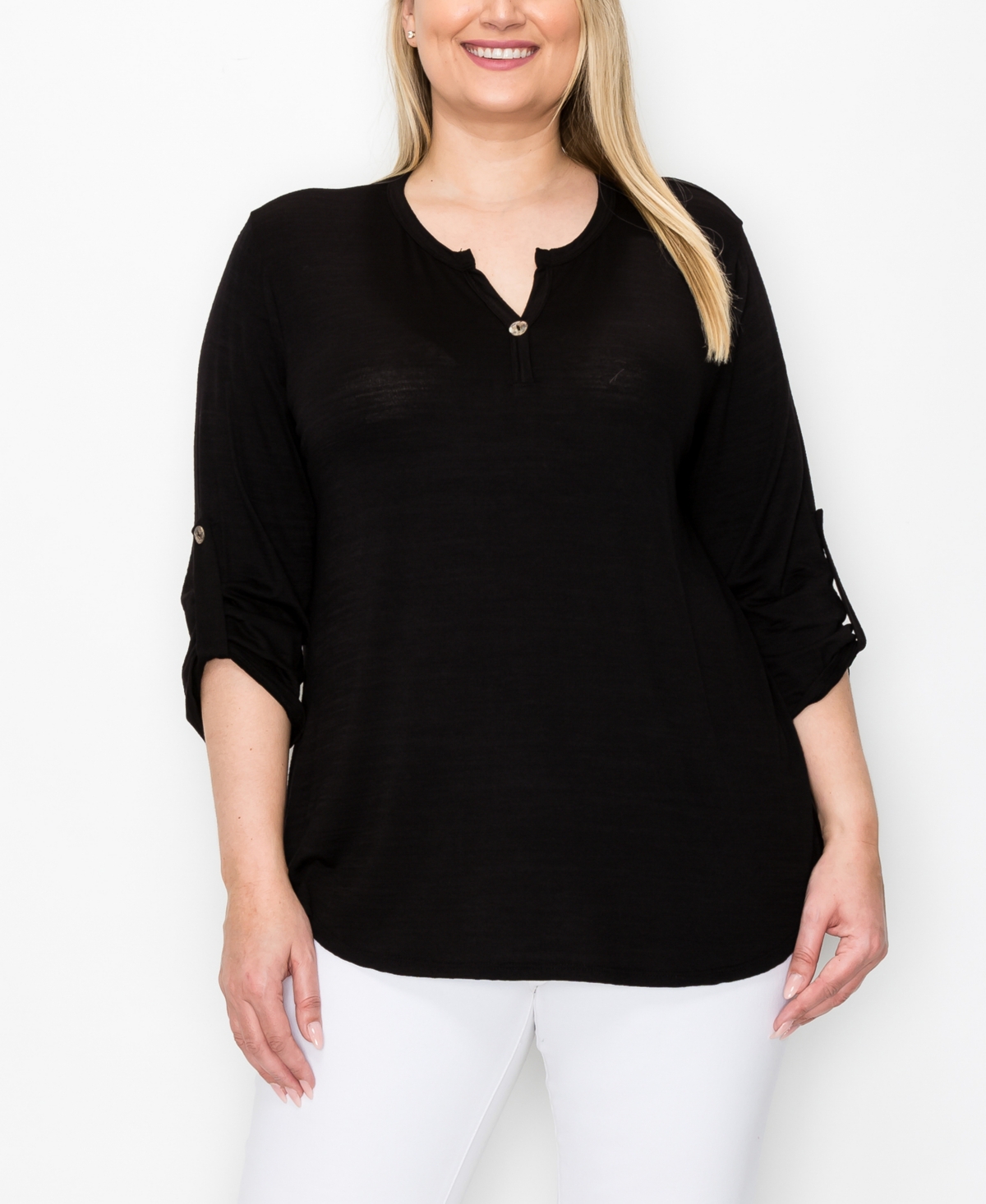 Plus Size 1 Button Henley Rolled Tab 3/4 Sleeve Top - Stone