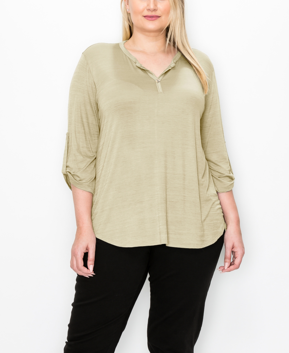 Plus Size 1 Button Henley Rolled Tab 3/4 Sleeve Top - Stone