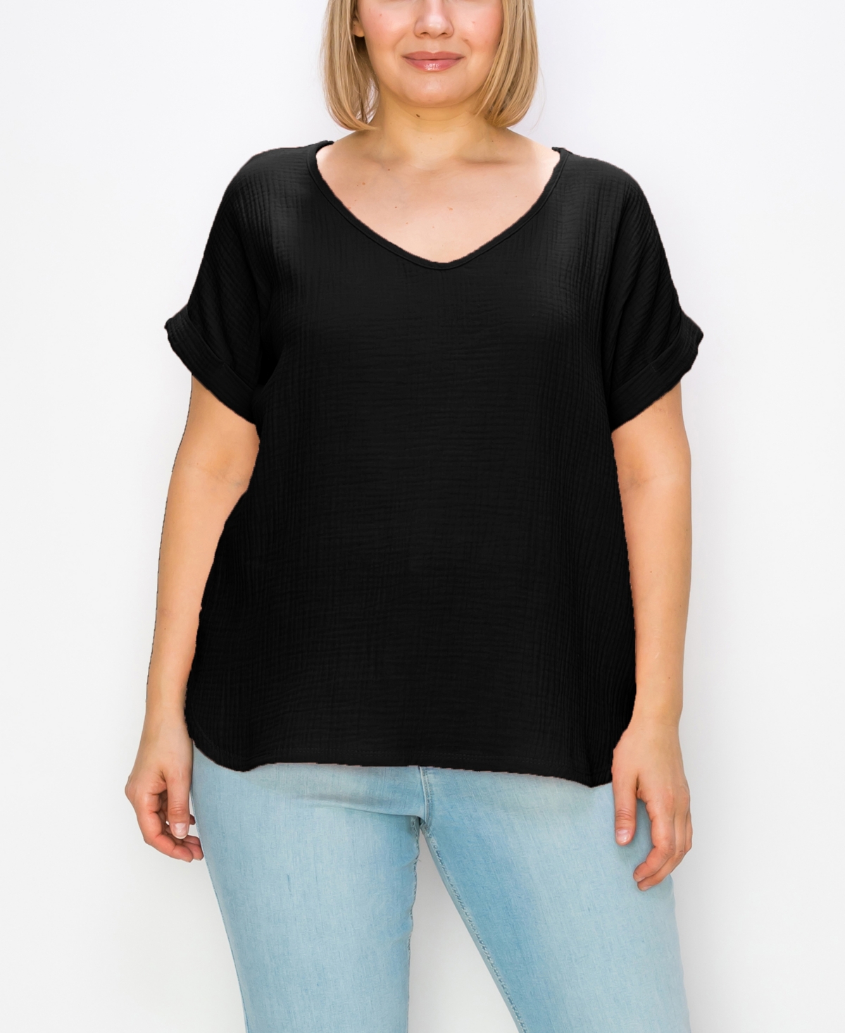 Plus Size Gauze V-neck Rolled Sleeve Top - Papaya