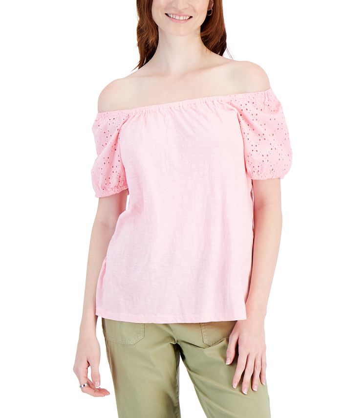 Fitted off shoulder hotsell top pastel pink