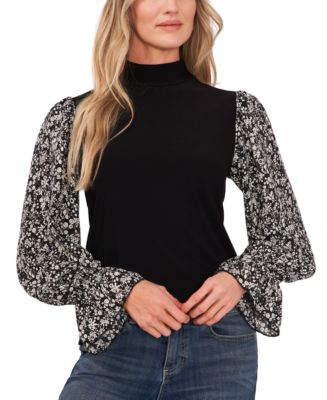 CeCe Women's Mock Neck Printed Sleeve Knit Top - Macy's