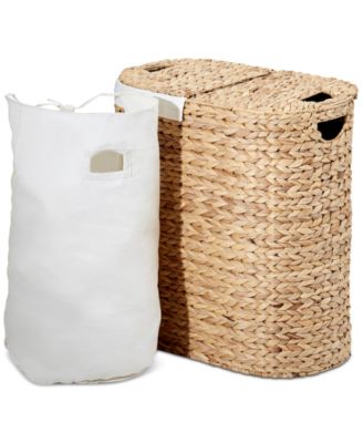Hand-Woven Natural Wicker  Lidded Double Laundry Hamper