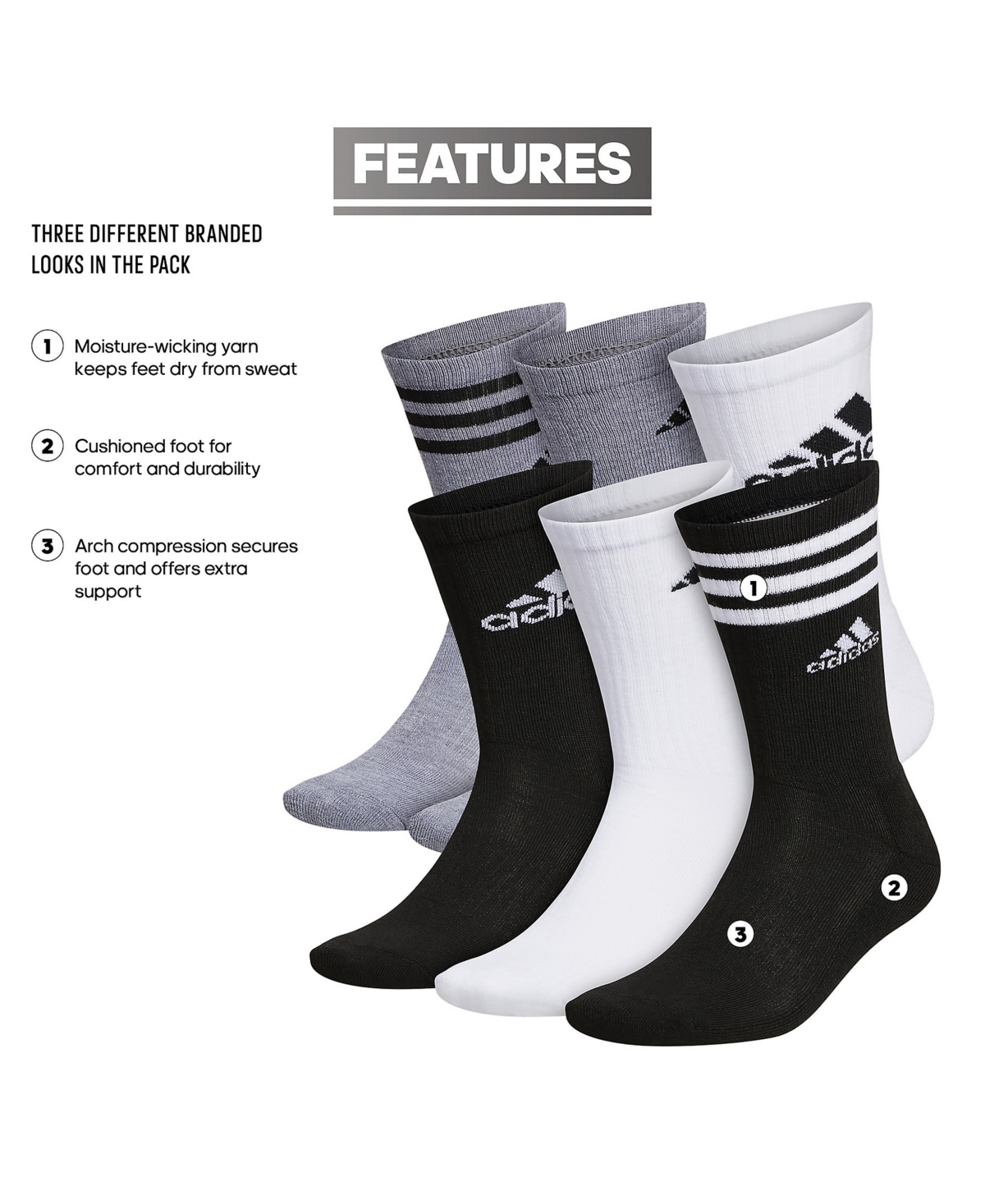 adidas Men's Athletic Cushioned Mixed Crew Socks - 6pk. -black/heather Grey