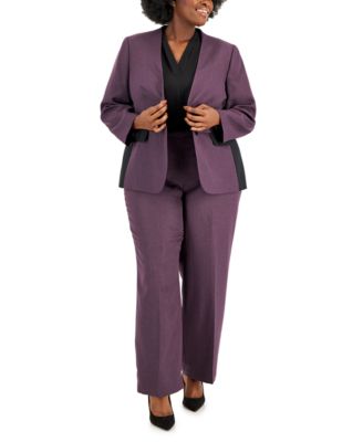 Le Suit Plus Size Contrast-Trimmed Herringbone Pantsuit Macy's