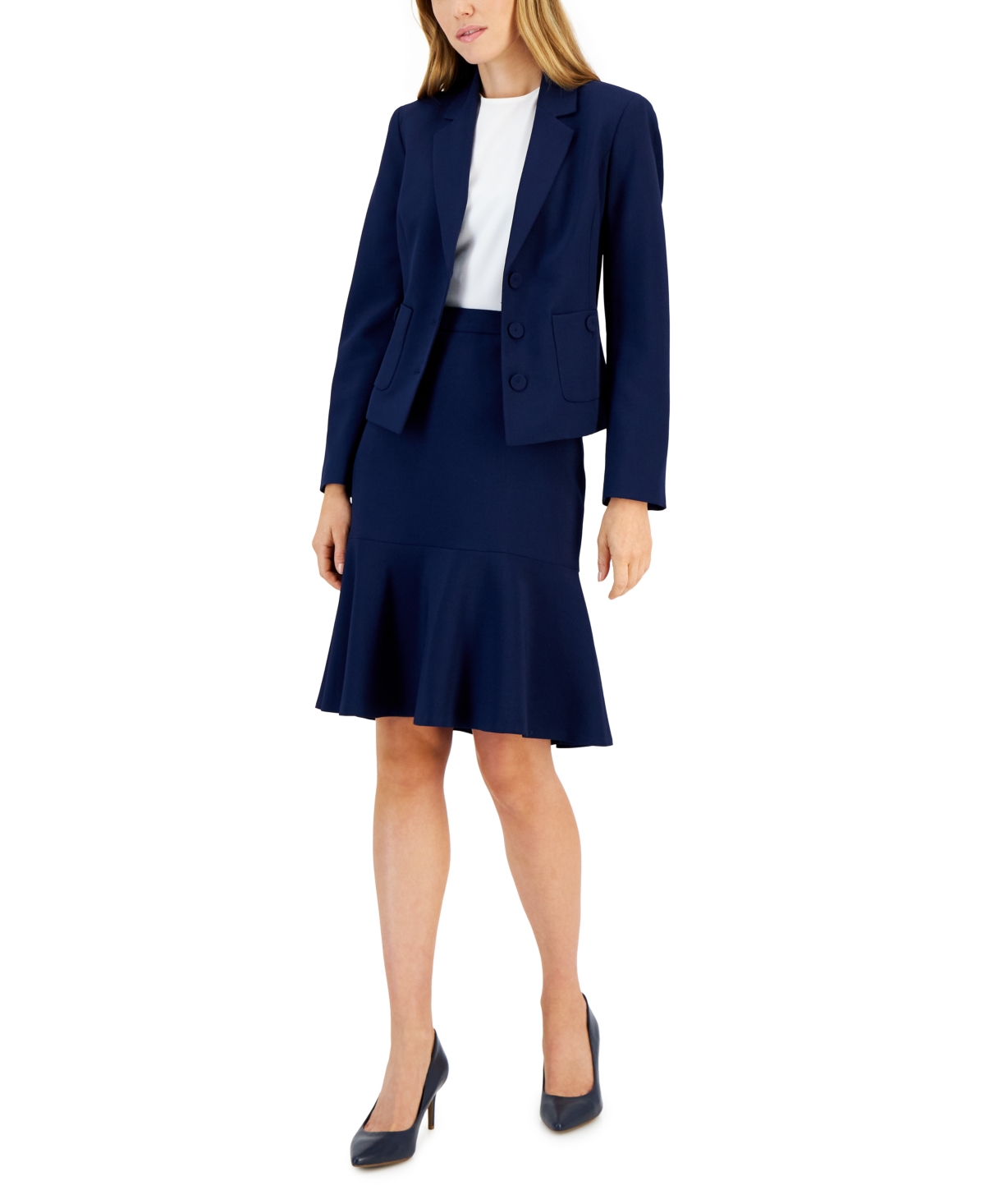 Le Suit Crepe Button-Front Flounce Skirt Suit, Regular and Petite Sizes