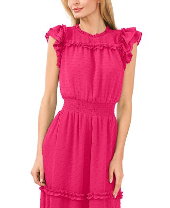 CeCe Women's Ruffled Flutter Sleeve Swiss Dot Midi Dress