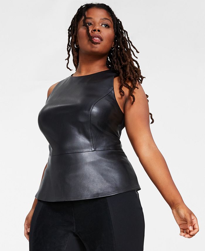 Bar III Plus Size Faux-Leather Peplum Top, Created For, 56% OFF
