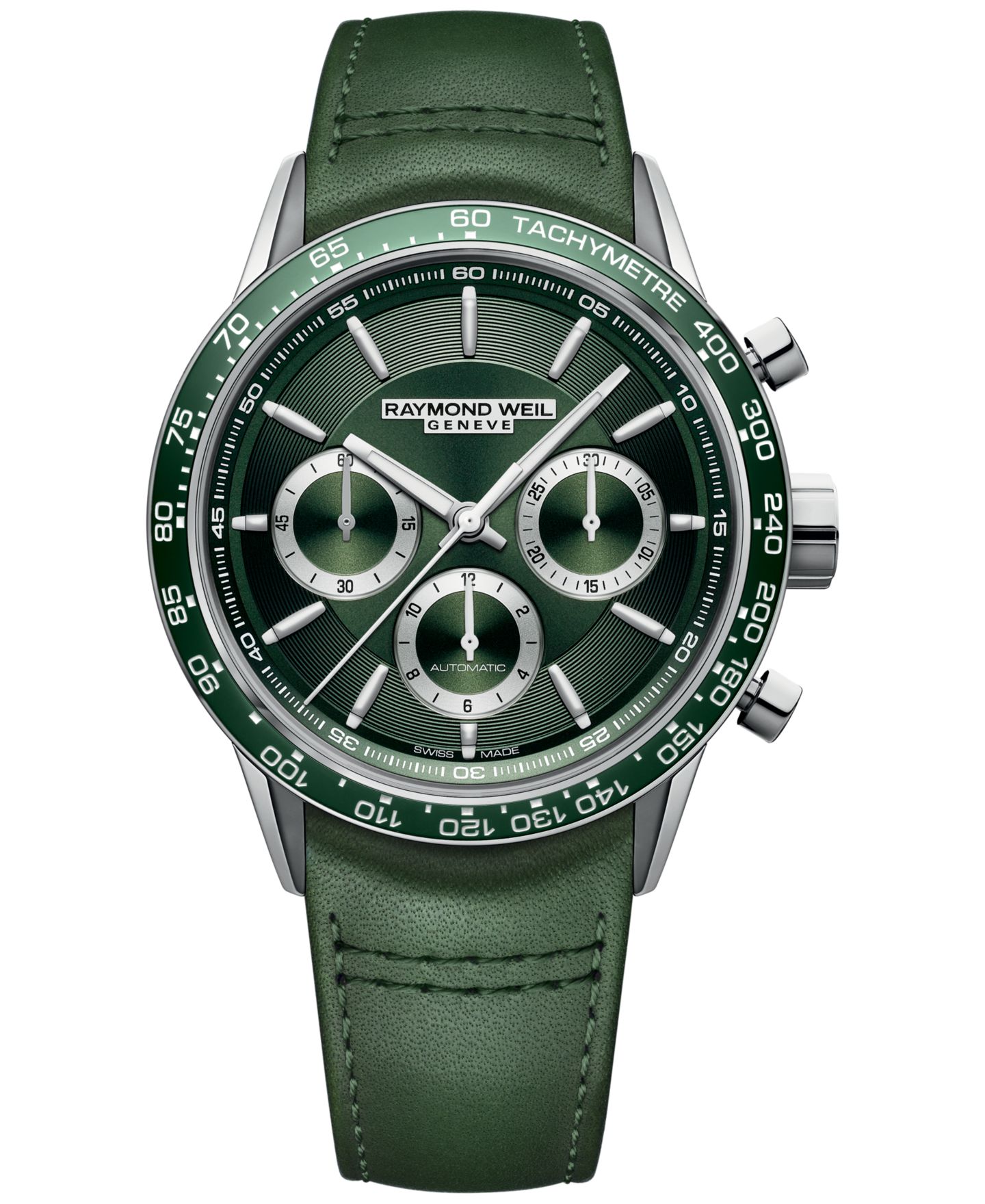 Мужские часы Raymond Weil Swiss Automatic Chronograph Freelancer Green Leather Strap Watch 43.5mm — фото 1