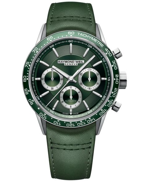 Мужские часы Raymond Weil Swiss Automatic Chronograph Freelancer Green Leather Strap Watch 43.5mm