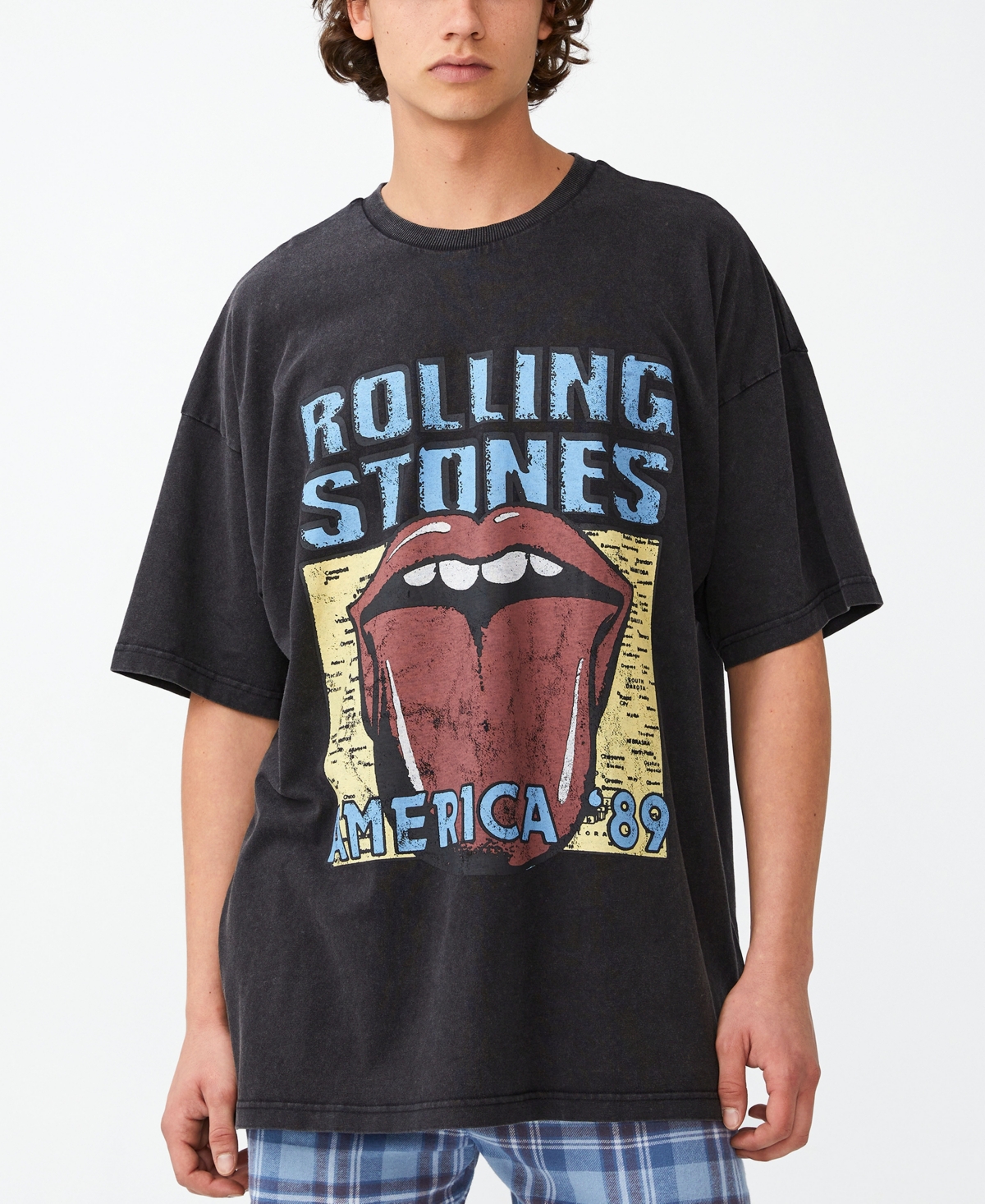 Cotton On Men's Oversized Vintage-like T-shirt In Licensed Bra Black/rolling Stones Ameri