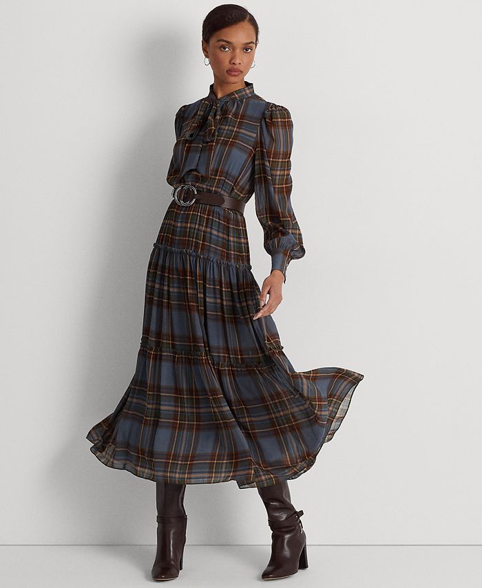 Lauren Ralph Lauren Plaid Tie-Neck Crinkle Georgette Dress & Reviews -  Dresses - Women - Macy's