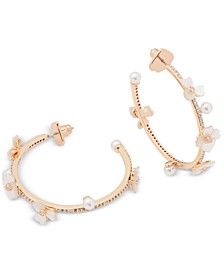Gold-Tone Medium Cubic Zirconia, Imitation Pearl & Mother-of-Pearl Flower Scatter C-Hoop Earrings. 1.87"