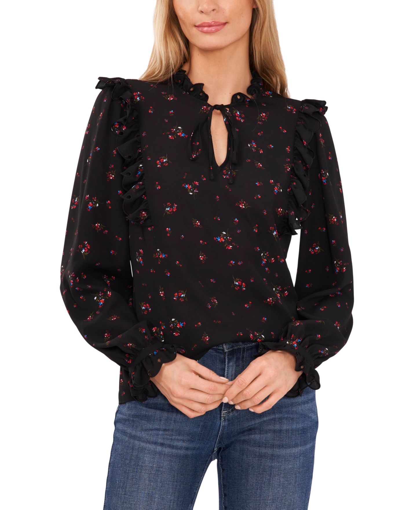 Женская блузка CeCe Long Sleeve Tie-Neck with Eyelet Trim, цвет: Насыщенный чёрный — фото 1
