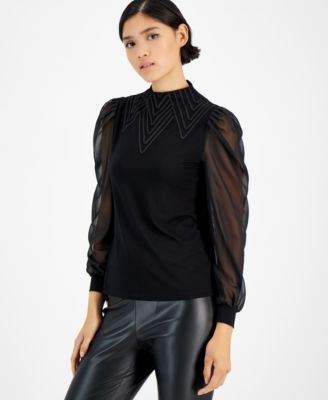 Bar III - Women's Embroidered Funnel-Neck Sheer-Sleeve Top