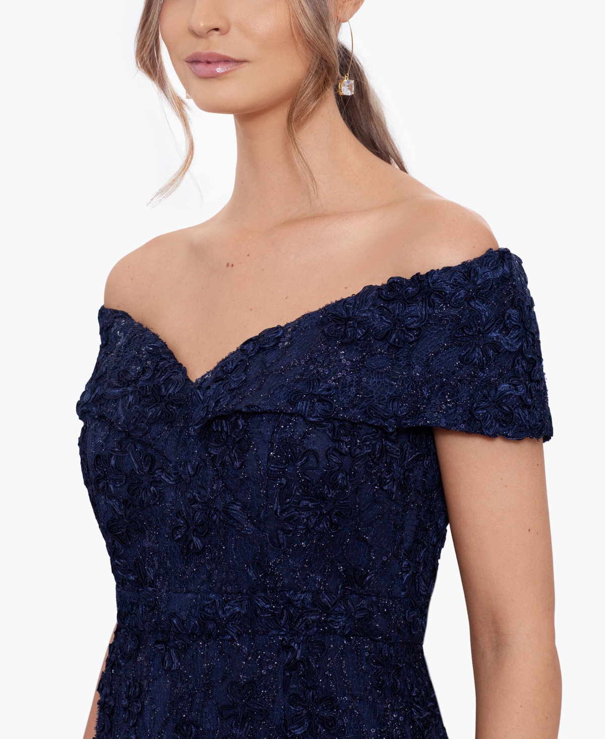 Xscape Off The Shoulder Embroidered Gown In Navy