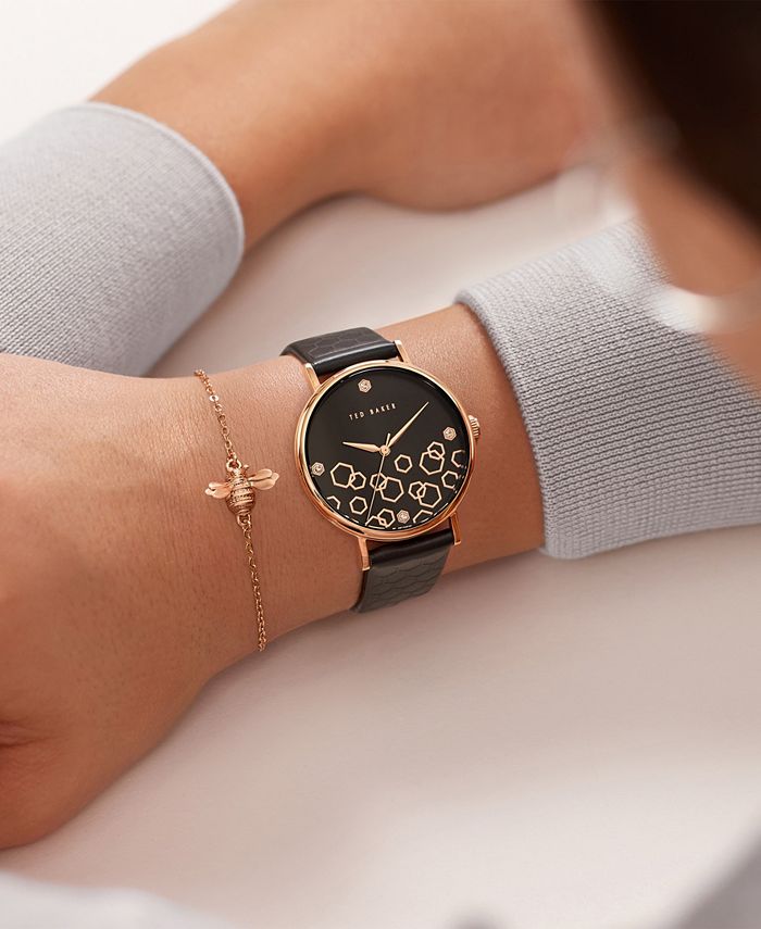 Ted Baker Women's Phylipa Beehive Black Leather Strap Watch 37mm and