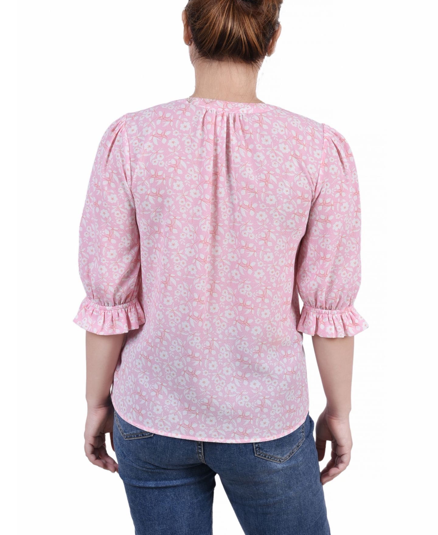Женская блузка NY Collection Petite Elbow Sleeve Y-Neck, цвет: Пудровый с принтом — фото 2