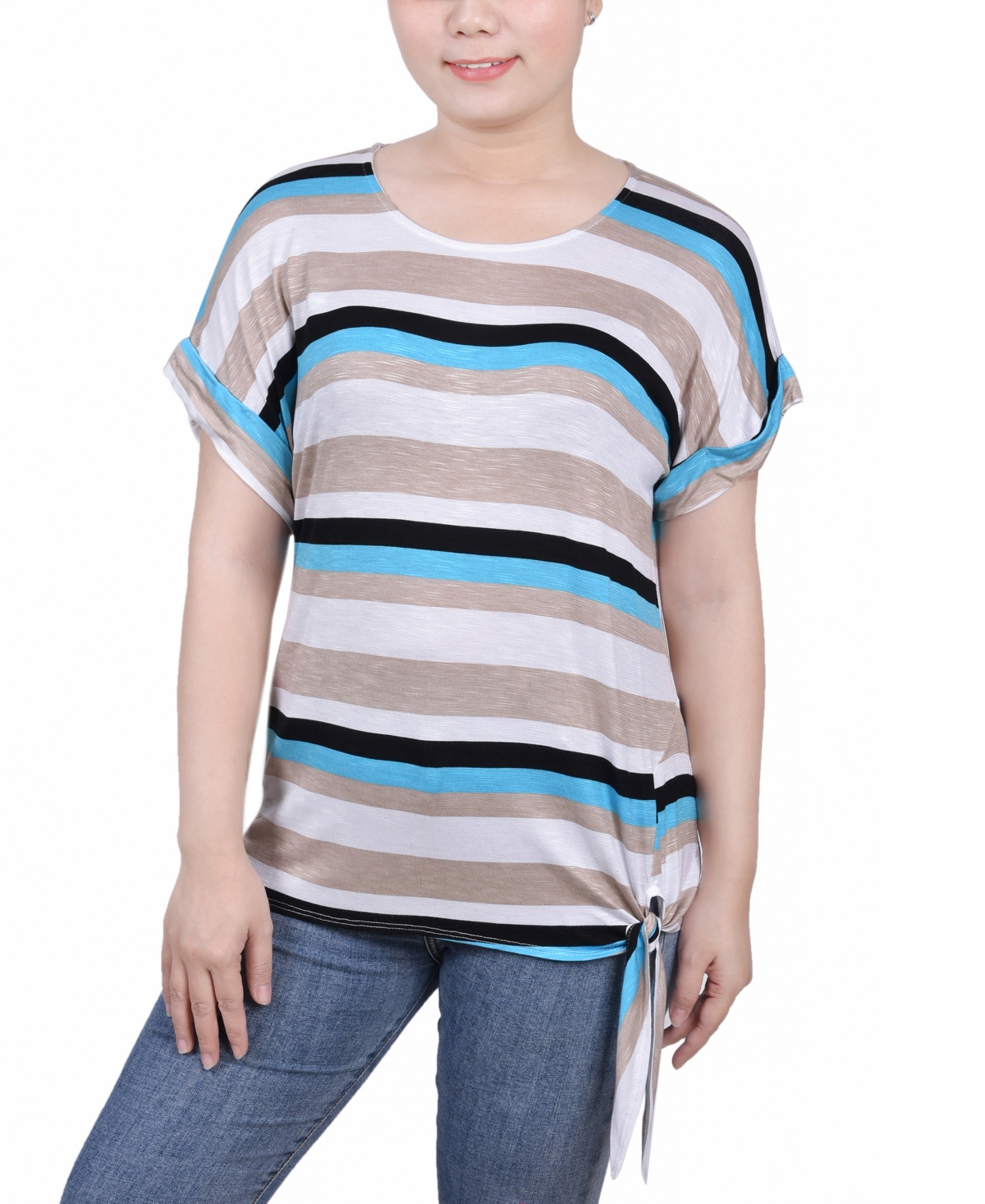 Petite Size Short Sleeve Tie Front Top - Turquoise Multi Stripe