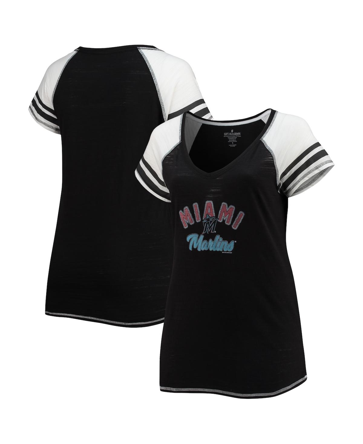 Shop Soft As A Grape Women's  Black Miami Marlins Curvy Colorblock Tri-blend Raglan V-neck T-shirt