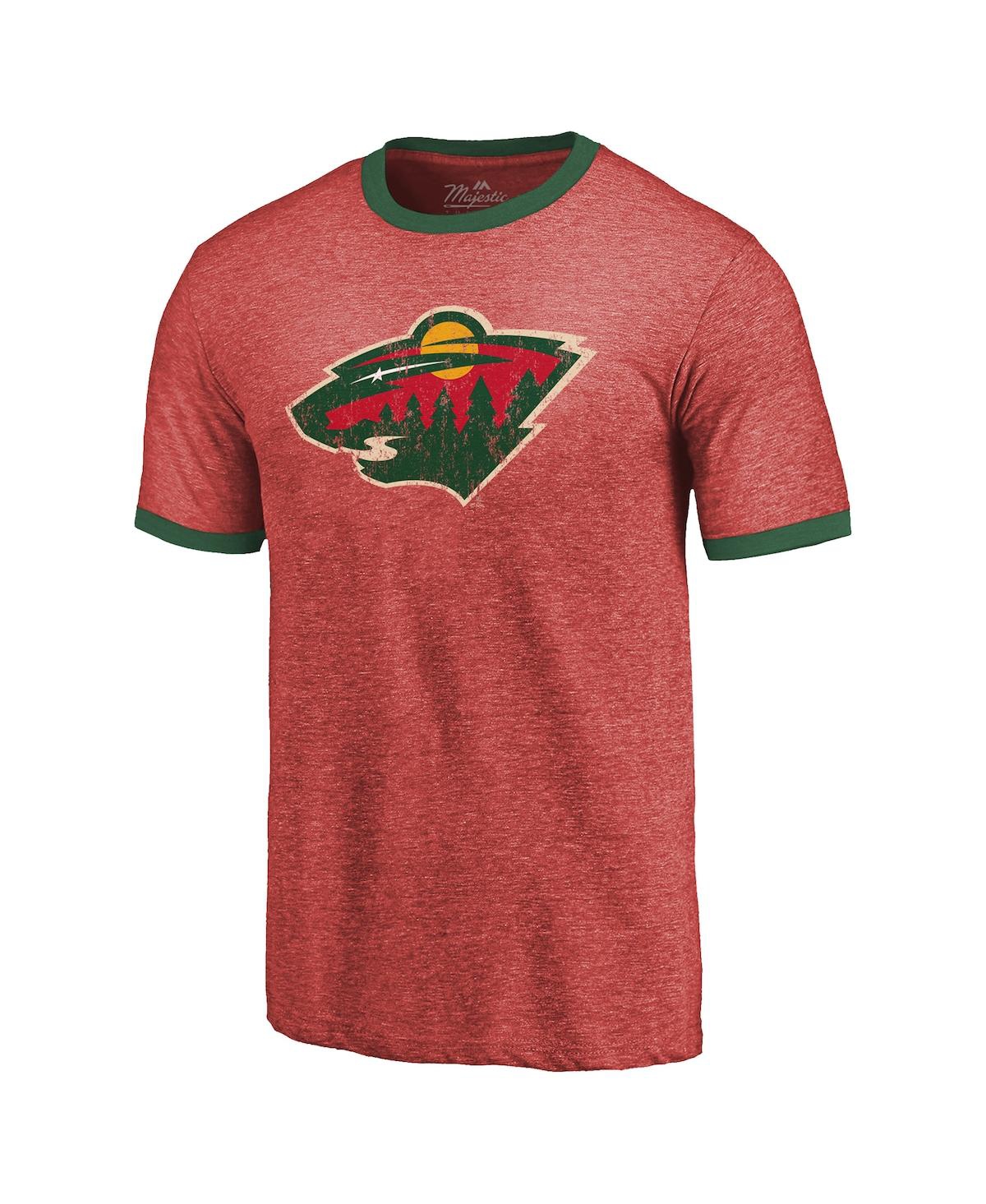 Shop Majestic Men's  Threads Heathered Red Minnesota Wild Ringer Contrast Tri-blend T-shirt