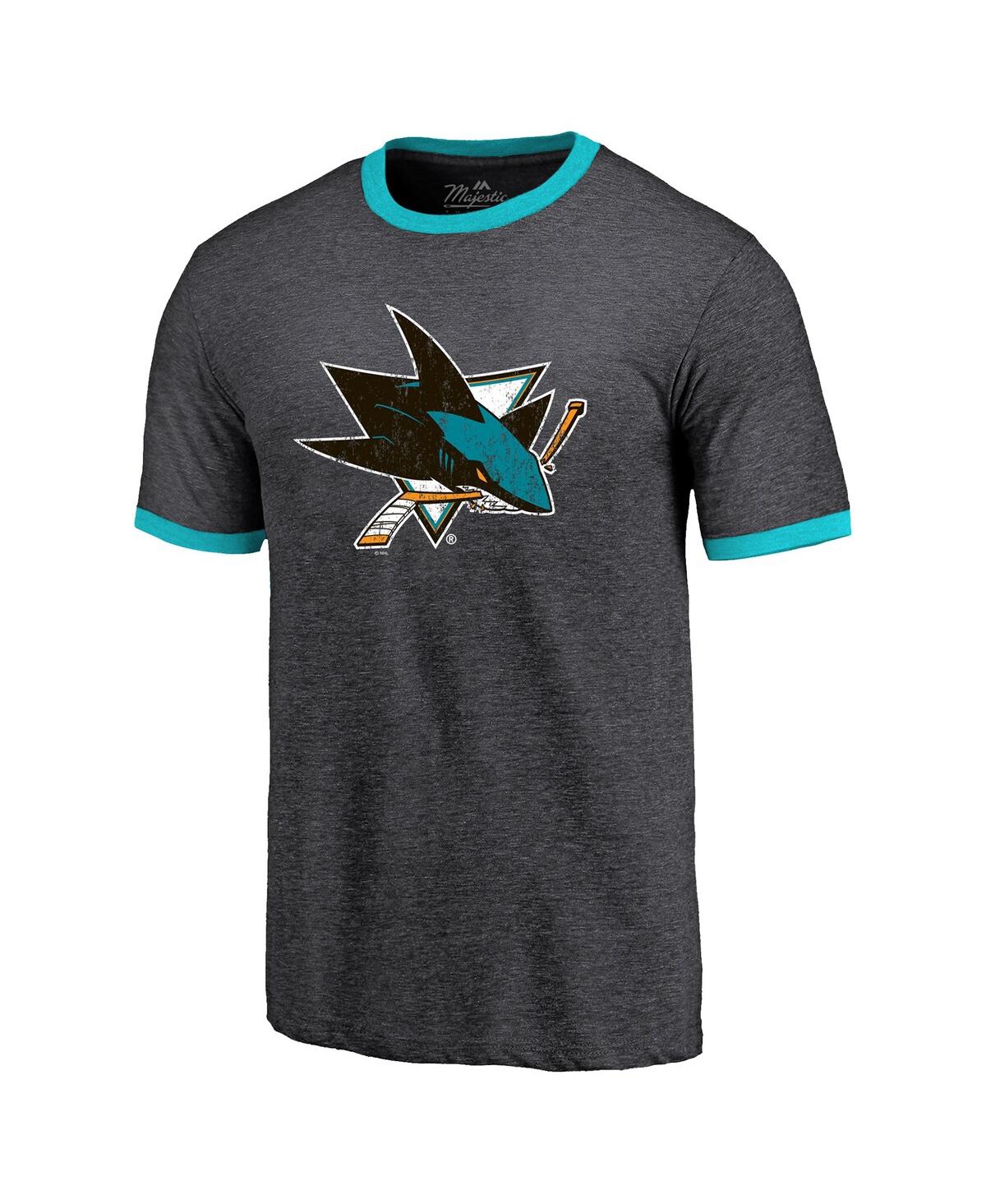 Shop Majestic Men's  Threads Heathered Black San Jose Sharks Ringer Contrast Tri-blend T-shirt