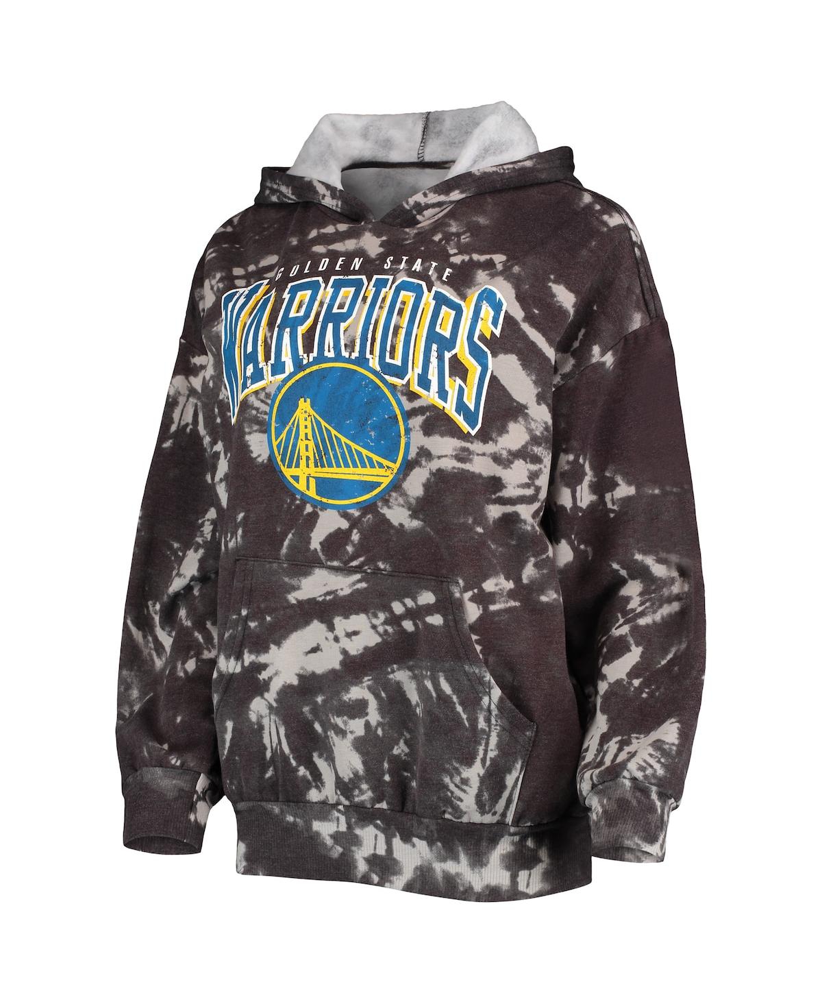 Majestic Threads Black Golden State Warriors Burble Tie-dye Tri-blend Pullover Hoodie In Black