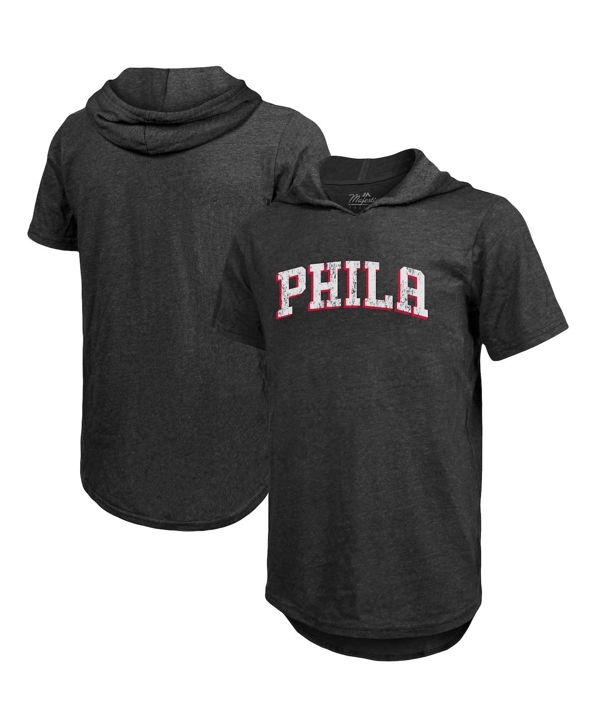 Men's Majestic Threads Heathered Black Philadelphia 76ers Wordmark Tri-Blend Hoodie T-shirt - Heathered Black
