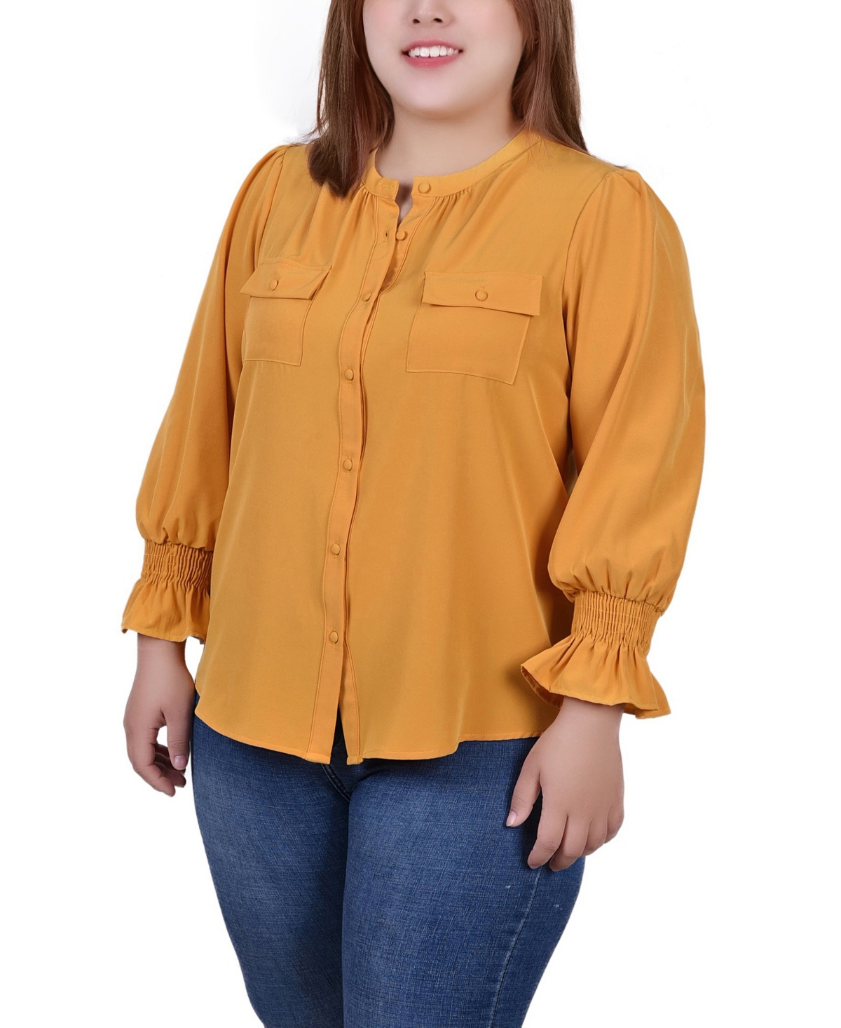 Shop Ny Collection Plus Size Long Sleeve Y Neck Blouse In Golden Glow