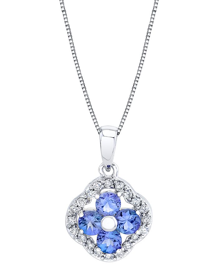 Macy's - Tanzanite (1 ct. t.w.) & Diamond (1/5 ct. t.w.) Flower Halo 18" Pendant Necklace in 14k White Gold