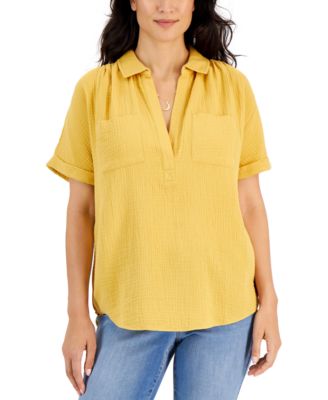 Style & Co - Women's Cotton Crinkle Gauze Split-Neck Top