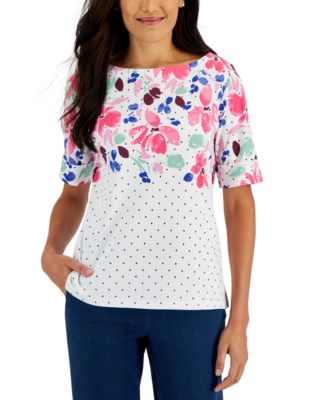 Karen Scott Womens Printed Boat Neck Top White Floral Size Petite S M