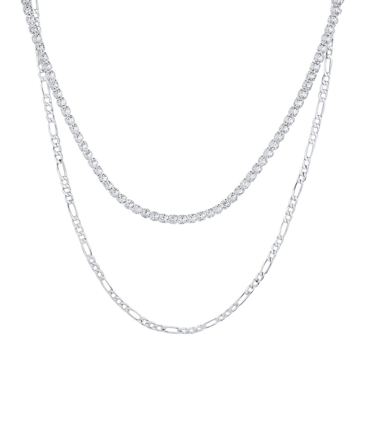 Double Row Chain with Cubic Zirconia Tennis Necklace and Clip Chain Necklace - Fine Silver Plated