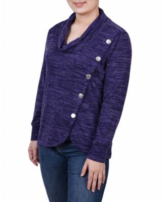 Women's Missy Long Sleeve Overlapping Cowl Neck Top